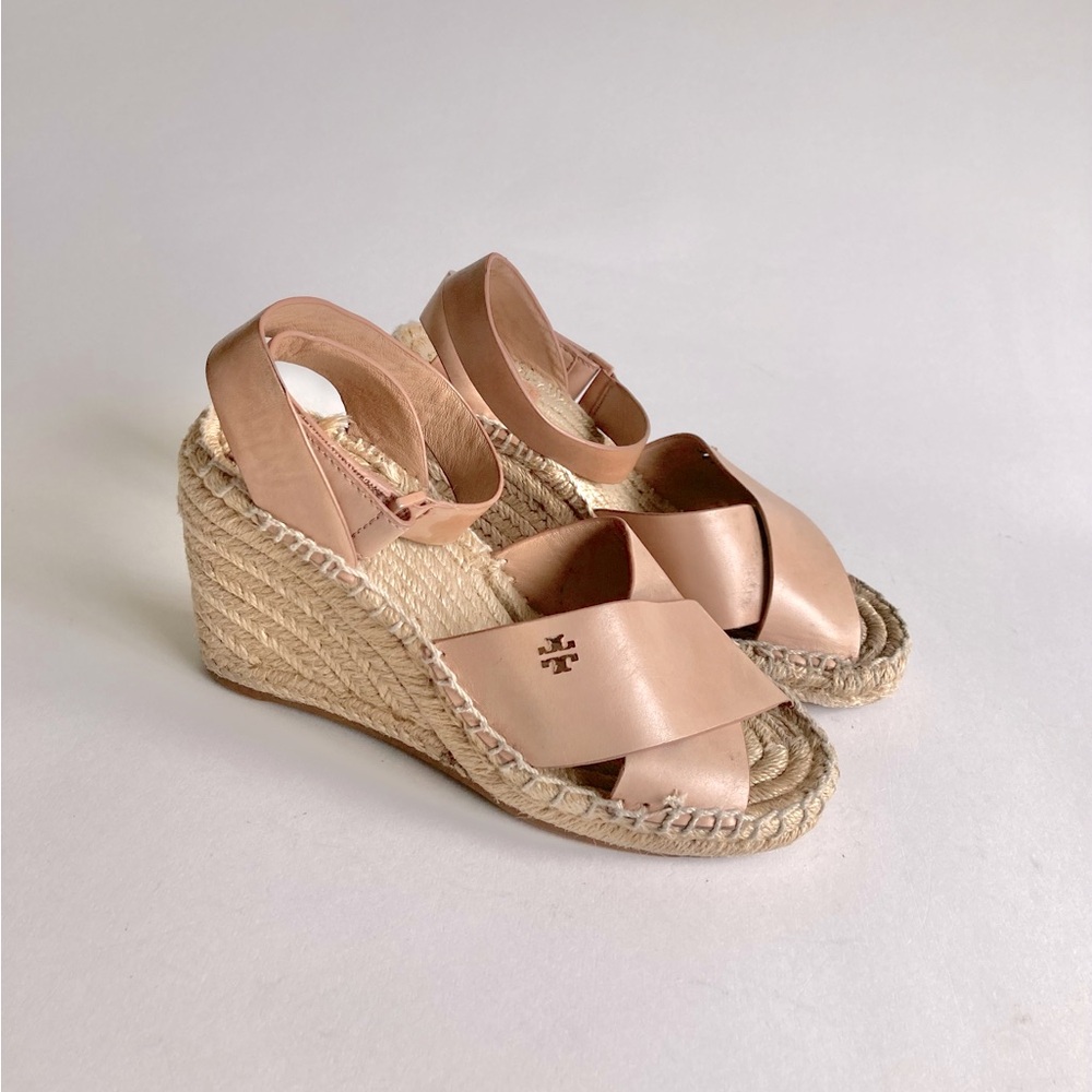 Tory Burch Blush Leather Espadrille Wedge Sandals
